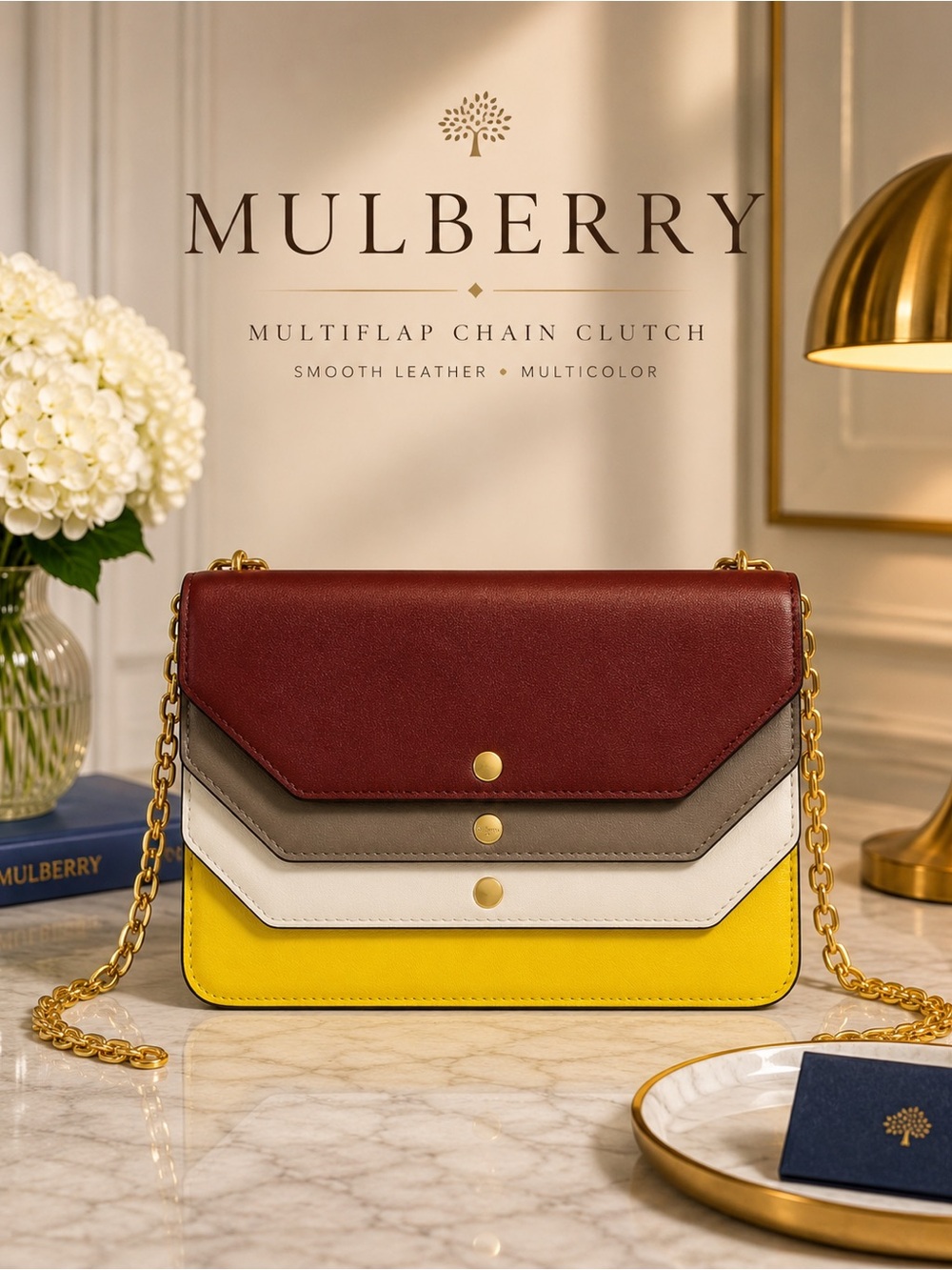 Mulberry Multiflap Oxblood Multicolor Leather Chain Clutch Bag